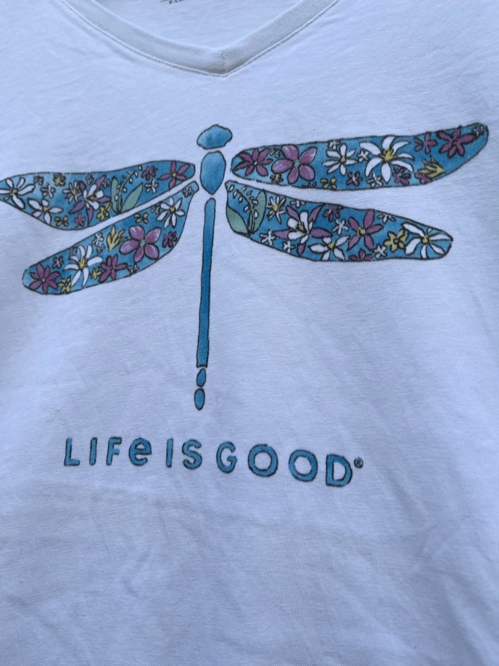 Life Is Good White Tee with Wildflower Dragonfly - Picture 4 of 7